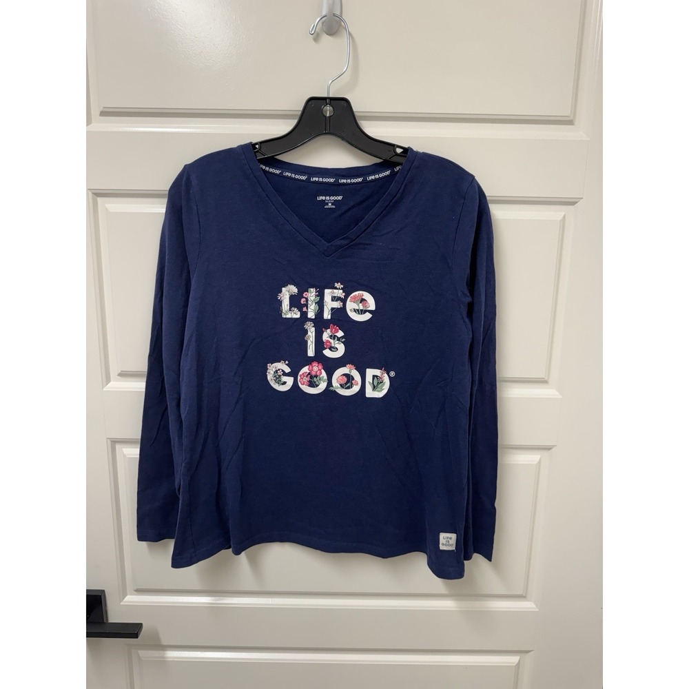 Medium Life Is Good Sleep Women’s Vneck Blue Tshirt Top Long Sleeve Pajama A6
